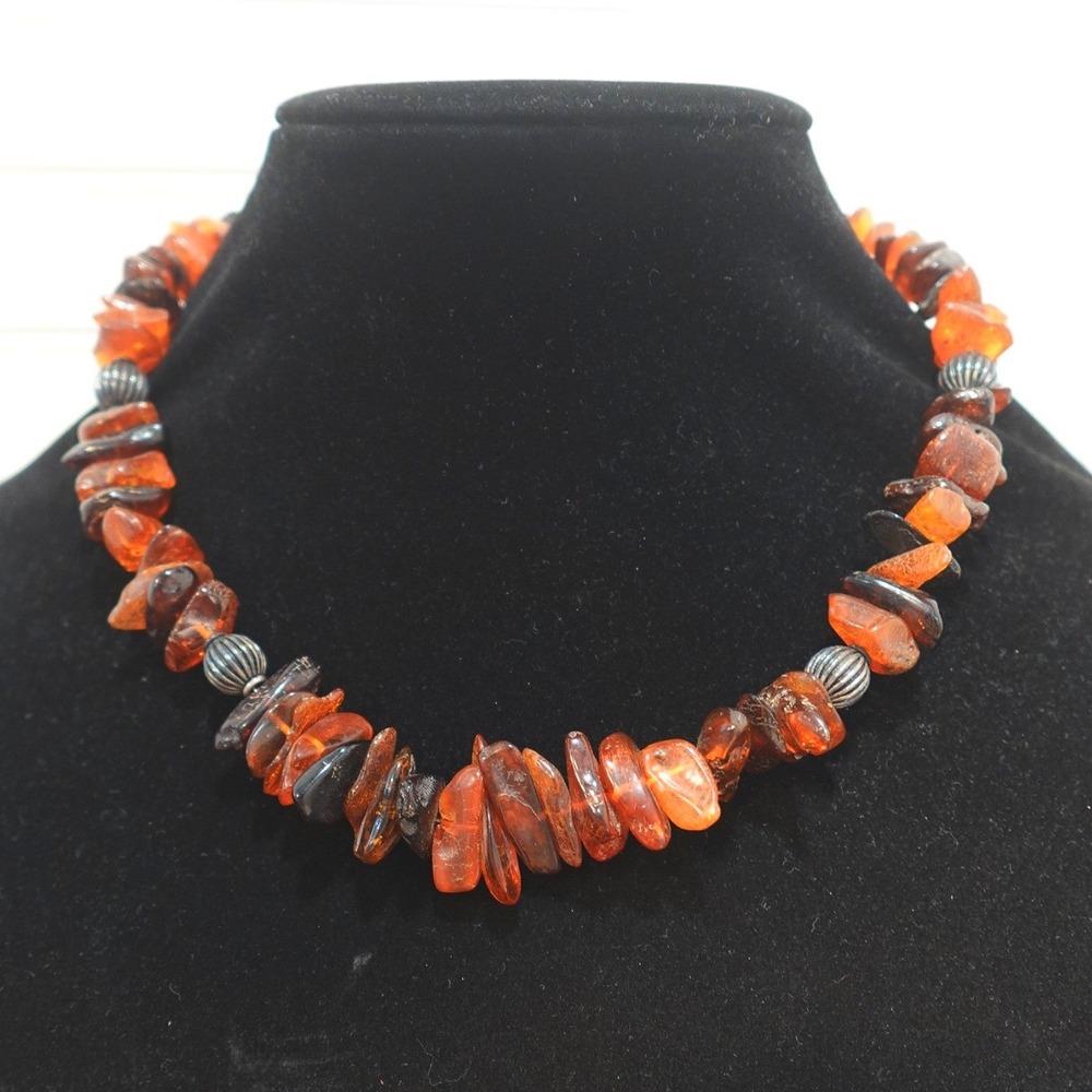 Vintage Sterling Silver Amber Necklace Raw Natural Stone Boho Chunky Choker